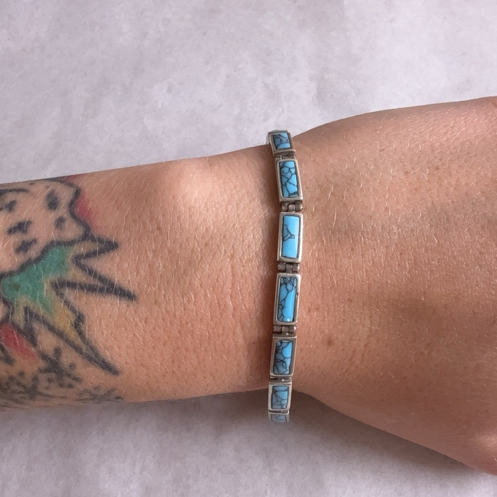 Sterling Silver Turquoise Tennis Link Bracelet 925 Womens 7in Southwest
